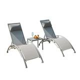 Set of 3 Pool Lounge Chairs with Metal Side Table - Adjustable Aluminum Chaise Lounges, Detachable Pillow, Rustproof Frame