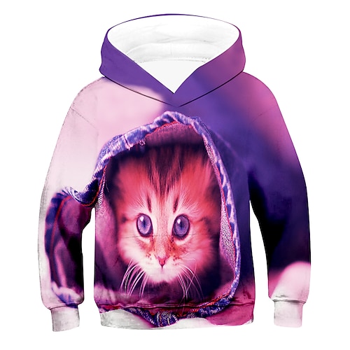Kinder 3D-Druck Katze Hoodie Langarm Tier Grün Blau Lila Kinder Oberteile Herbst Winter Aktiv Streetwear Täglich Indoor 2-13 Jahre Image