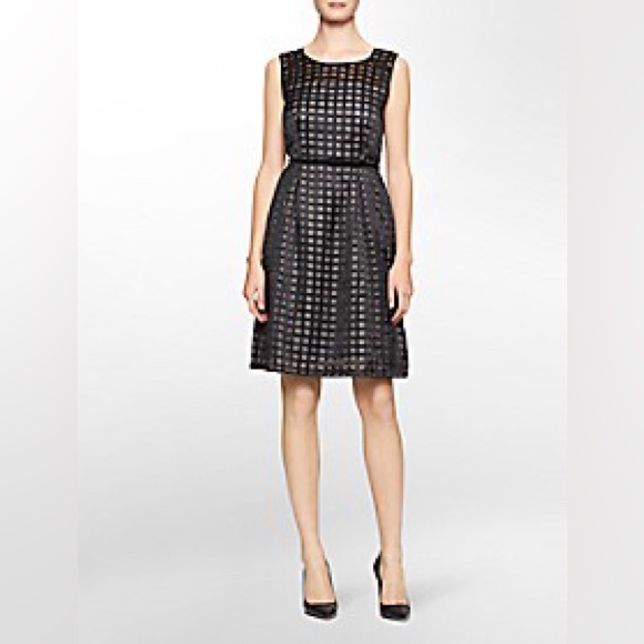 Zara Dresses | Calvin Klein Square Sheer Overlay Belted Fit + Flare Dress | Color: Black | Size: 10