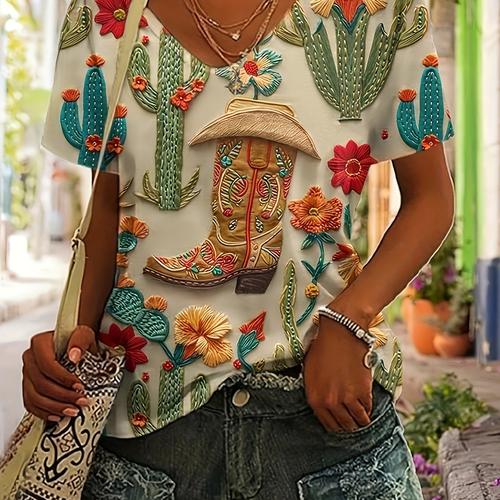 Boots & Cactus Print V Neck T-shirt, Casual Short Sleeve T-shirt For Spring & Summer, Women's Clothing