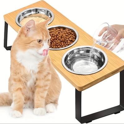 TEMU Pet Feeding Rack Made Of Iron And Wood Combined With Cat Bowl Rack With Slanted Mouth Anti Overturning Pet Feeder, Household Cat And Dog Food Basin