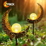 Set of 2 Solar Metal Outdoor Lights Moon Shape LED Stake Garden Decoration for Patio Fireplace Yard Lawn