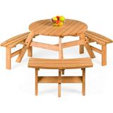 Shinpt Outdoor 6-Person Circular Wooden Picnic Table w/ 3 Built-in Benches Patio Camping Dining Table Chair Set with Thickened support frame and 1720lb load capacity Natural