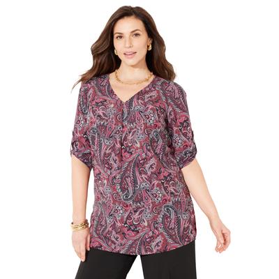 Plus Size Women's V-Neck Pleated Tunic by Catherines in Rich Burgundy Paisley Print (Size 0X)