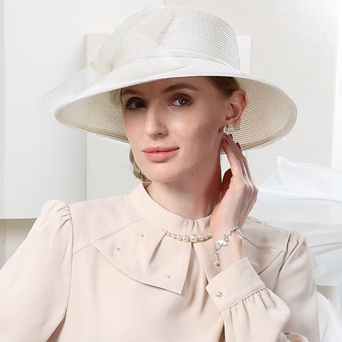 Hüte Netz Faser Strohhut Sonnenhut Cloche-Hut Casual Tee-Party Elegant Hochzeit Mit Schleife Spitzenseite Kopfschmuck Kopfbedeckung Image