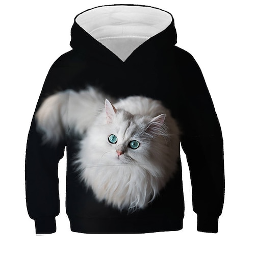 kinderkleidung Mädchen Kapuzenshirt Katze Casual Langarm Aktiv Baumwolle 7-13 Jahre Herbst Mehrfarbig Schwarz Weiß Image