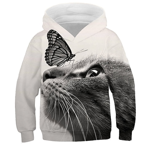 kinderkleidung Mädchen Kapuzenshirt Katze Casual Langarm Aktiv Baumwolle 7-13 Jahre Herbst Mehrfarbig Schwarz Weiß Image