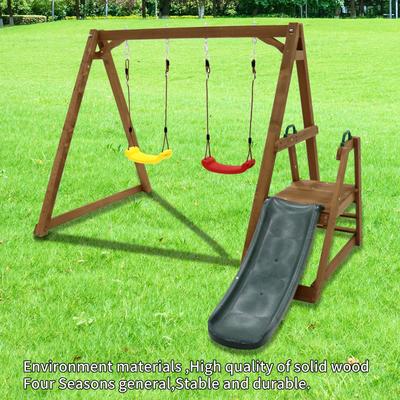 Wood Swing Set for Backyard, 2 in 1 Outdoor Swing Set with Slide, Climbing Rope Ladder Kids Backyard Playset