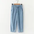 Lyocell-Pantalon en denim bleu pour femme pantalon décontracté élastique taille haute jambe large