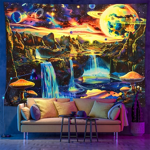 Schwarzlicht Wandteppich UV reaktiv im Dunkeln leuchtend Party Neon Galaxie Universum Pilze psychedelisch trippig neblig hängender Wandteppich Wandbild fürs Wohnen Image