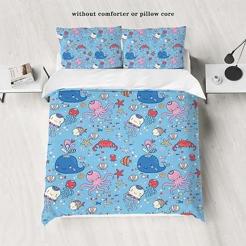 Unterwasserwelt, Meerestiere, Meeresschildkröten, Delfine, Tintenfische, 3D-gedrucktes 3-teiliges Daunenbettbezug-Set für Hotels, Schlafzimmer, Gästezimmer und luxuriöses, bequemes Bettwäscheset Image