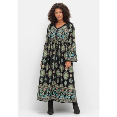 Maxikleid SHEEGO BY JOE BROWNS "Große Größen", Damen, Gr. 58, Normalgrößen, schwarz (schwarz gemustert), Obermaterial: 100% Viskose (LENZING ECOVERO), gemustert, feminin, figurumspielend lang, V-Ausschnitt, Langarm Trompetenärmel, Kleider, im... Image