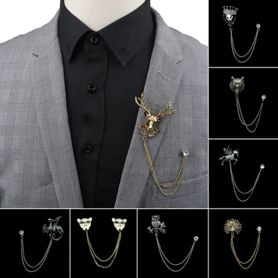 Man Tassel Chain Lapel Pin Suit Shirt Collar Brooch Dragon Deer Leopard Badge Retro Pins Wedding Party Dance Jewelry Accessories