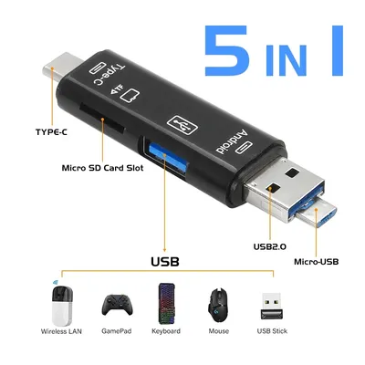 TYPE-C 5-in-1 Multifunction Card Reader External Storage Black Stretch for Memory Stick USB 3.0 Mini