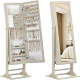 Jewelry Armoire with Full Length Mirror Lockable Jewelry Cabinet with Large Jewelry Storage 6 LED Lights Inner Makeup Mirror Standing Jewelry Organizer Box (Beige)