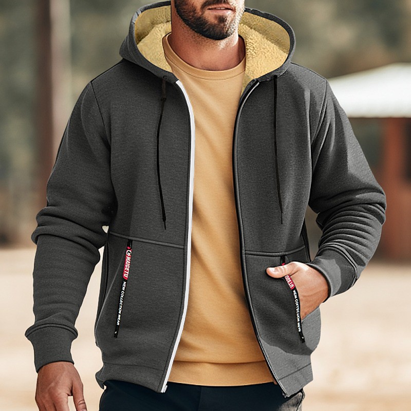 Men's Double Layer Fleece Hooded Jacket Sweat Jacket Black White Wine Army Green Navy Blue Hooded Solid Color Zipper Cool Casual Essential Winter Clothing Apparel Hoodies Sweatshirts Long