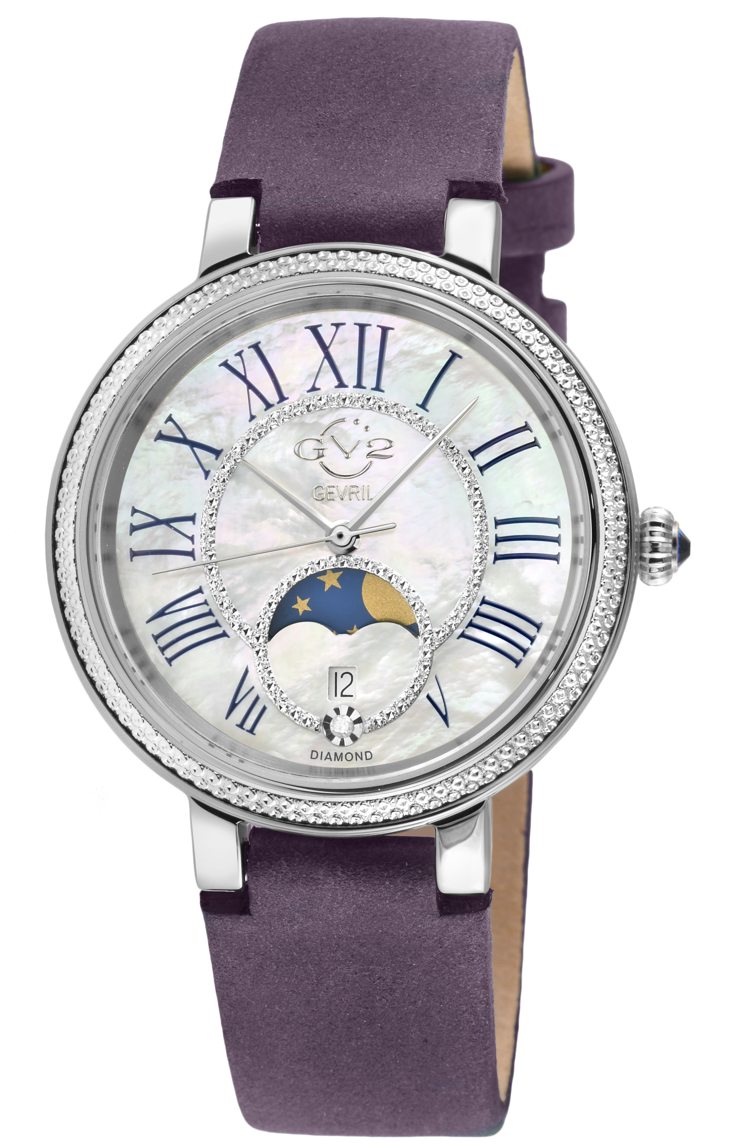 Gv2 Womens Genoa SS Case ,white Mop Dial, Authentic Handmade Plum Leather Strap Watch - Purple - One Size | Gv2 Sale | Discount Designer Brands