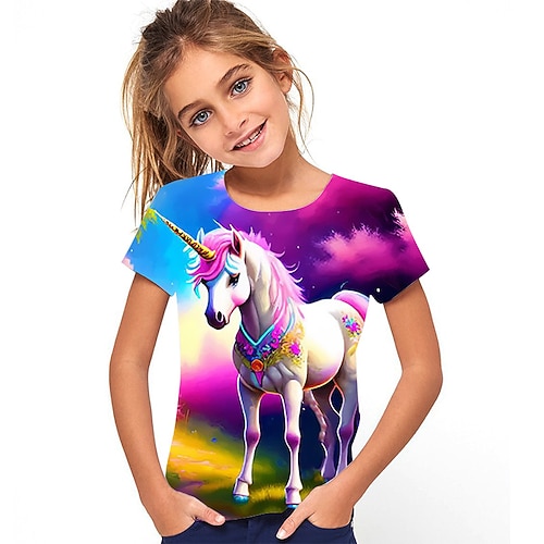kinderkleidung Mädchen T-Shirt Graphic Outdoor 3D-Druck Kurzarm Rundhalsausschnitt Aktiv 7-13 Jahre Sommer Mehrfarbig Rosa Rote Image