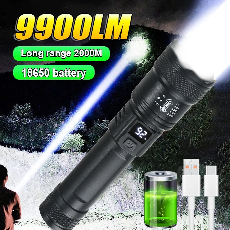 9900LM Leistungsstarke LED Taschenlampe Batterie Display USB Aufladbare Licht Teleskop Zoom Taschenlampe Lampe Outdoor Camping Angeln Laterne Image