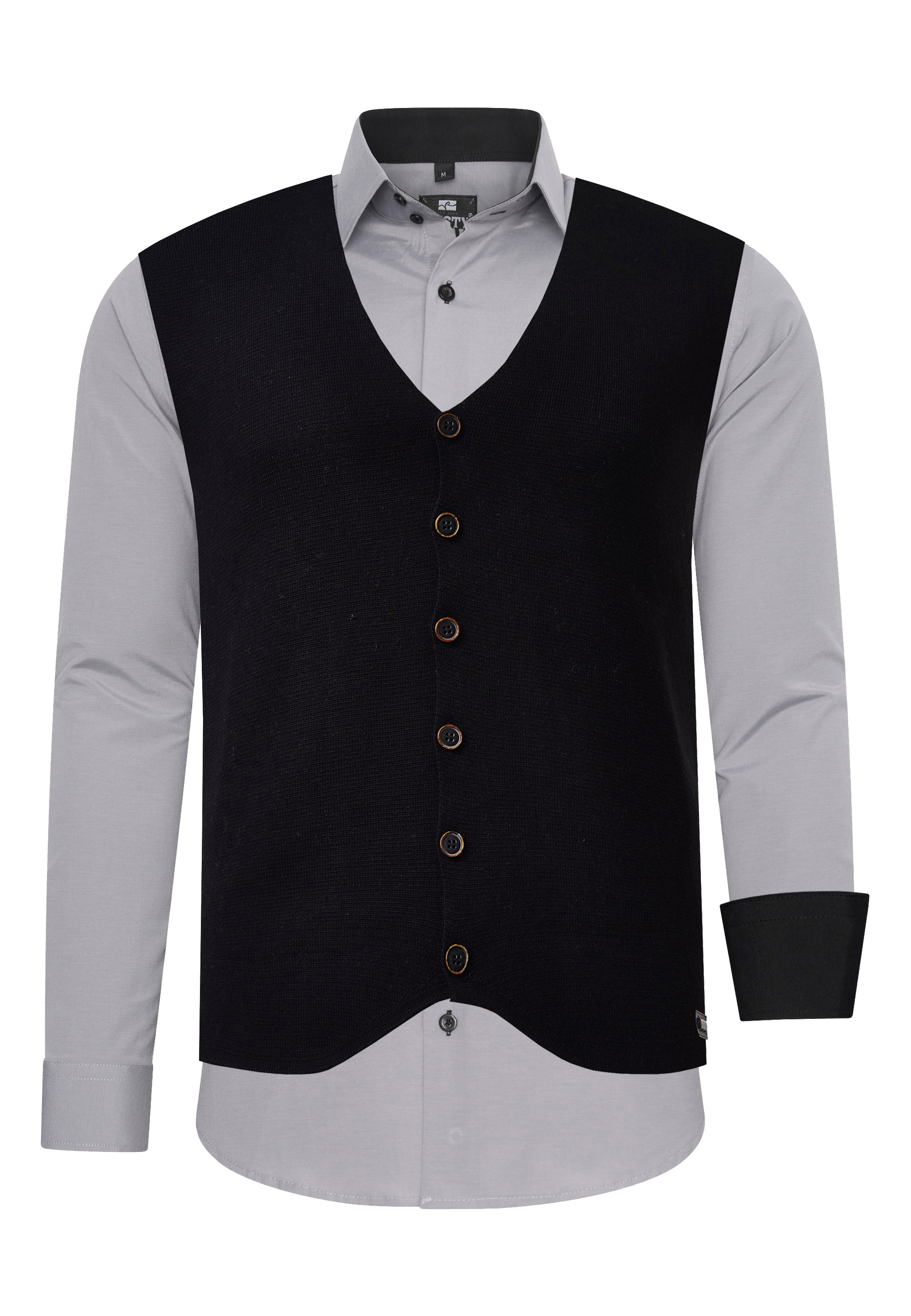 Langarmhemd RUSTY NEAL, Herren, Gr. M, EURO-Größen, grau (grau, schwarz), 60% Baumwolle, 37% Polyester, 3% Elasthan, unifarben, Hemden, mit Weste