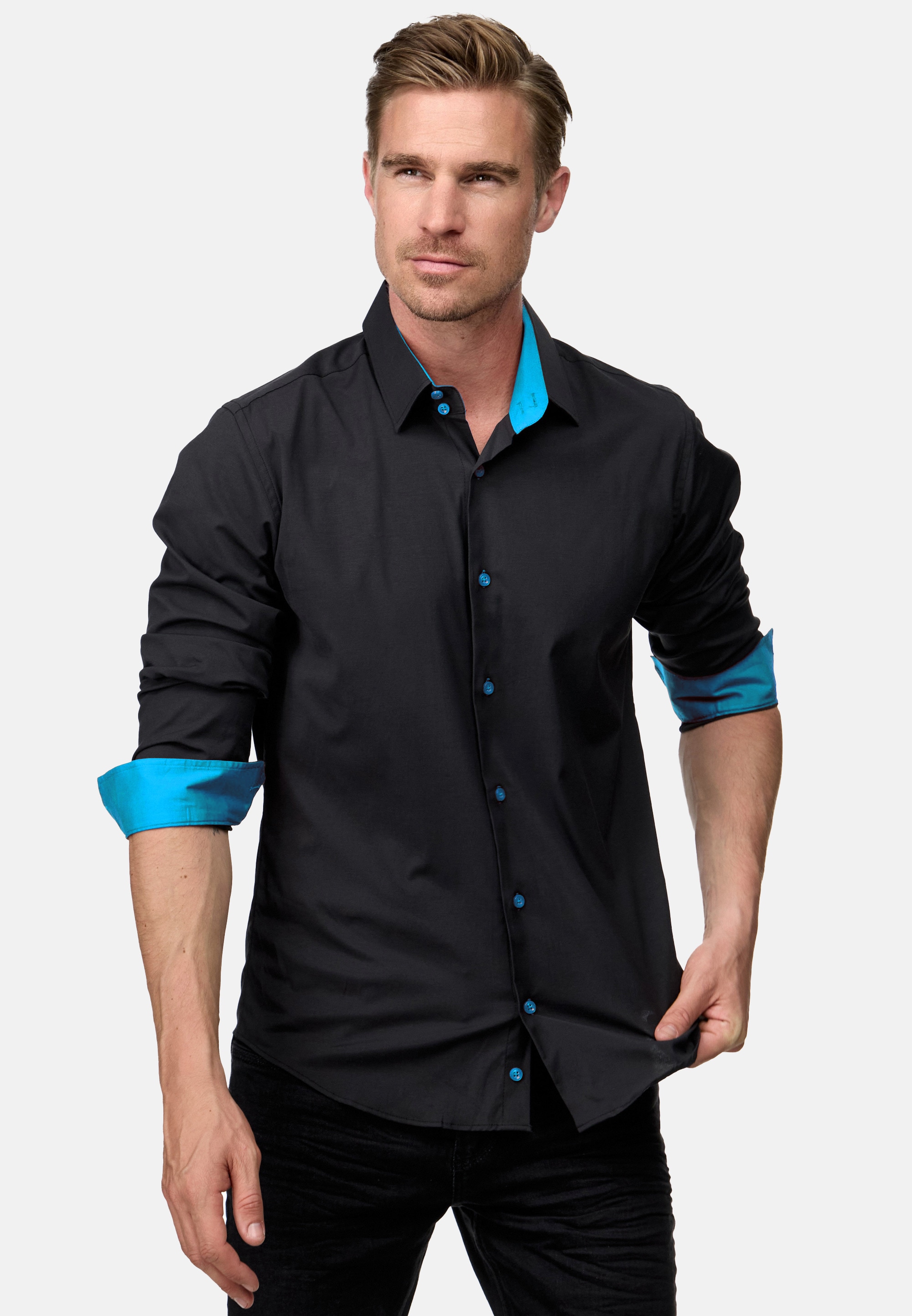 Langarmhemd RUSTY NEAL, Herren, Gr. M, EURO-Größen, bunt (schwarz, türkis), 60% Baumwolle, 37% Polyester, 3% Elasthan, unifarben, Hemden, mit Weste und Krawatte