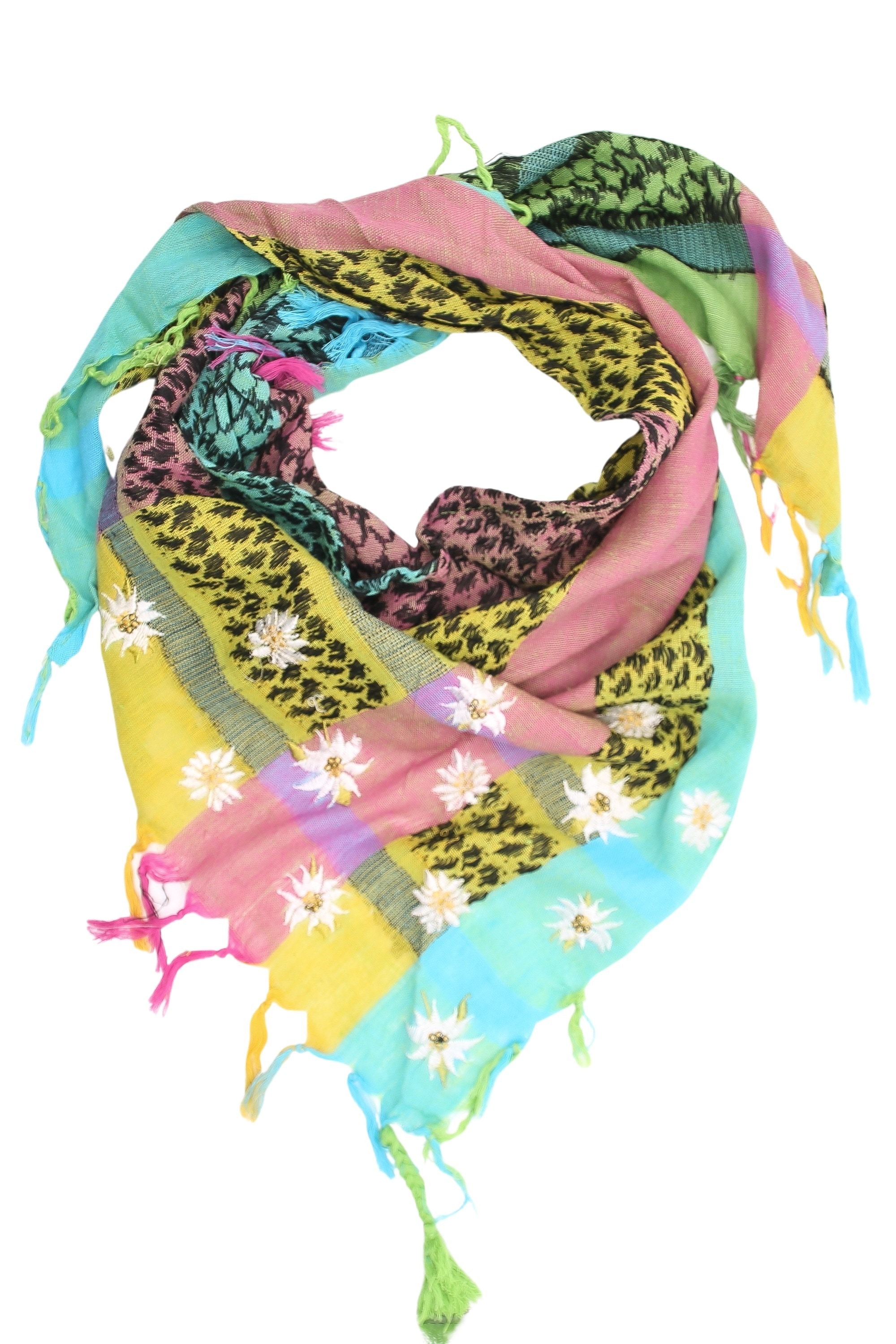 Schal ALLGÄU REBELL "Edel-Hippie", Damen, bunt, Baumwolle, bedruckt, festlich, Modetücher Schal, mit Edelweiss Blüten in bunt