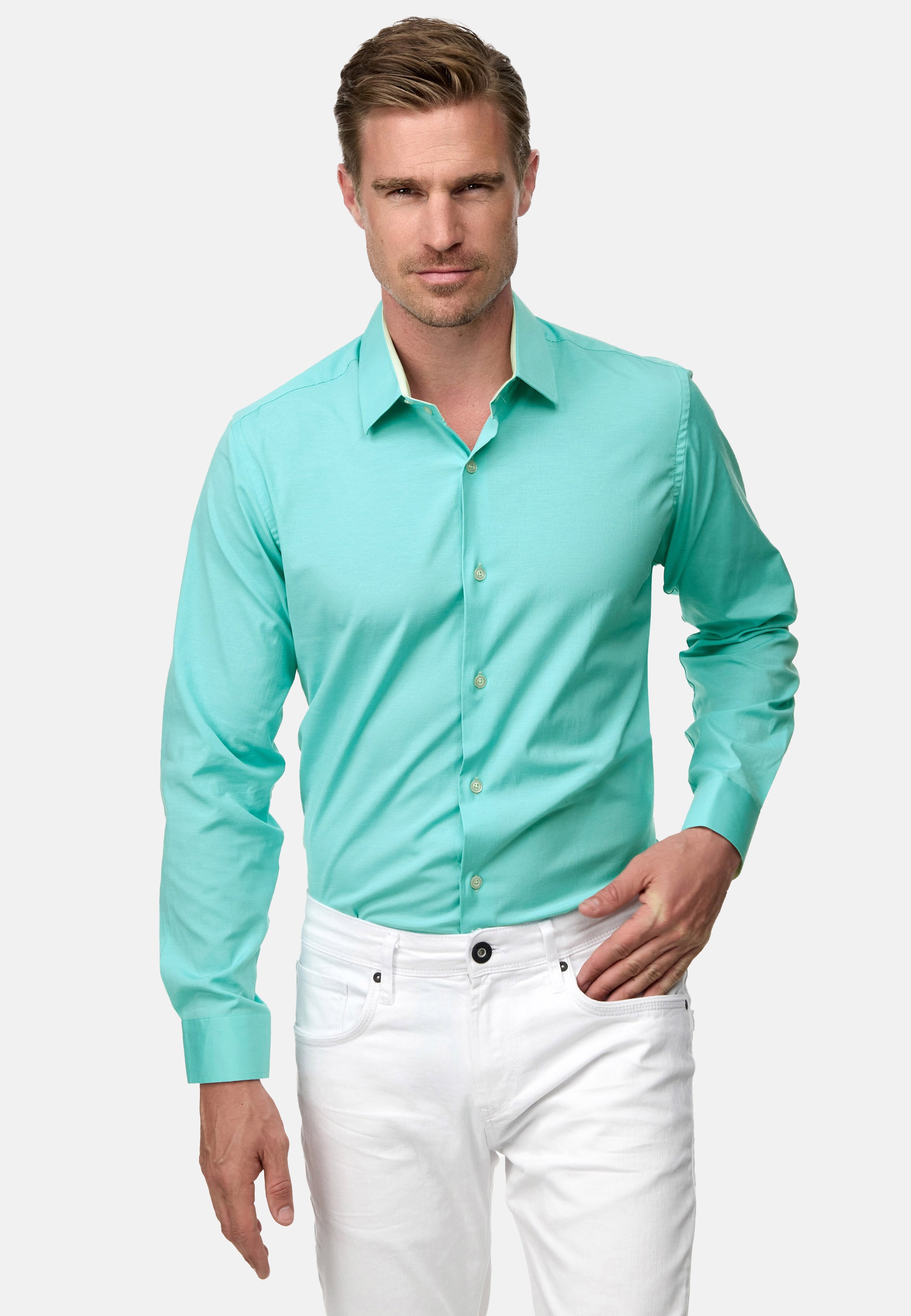 Langarmhemd RUSTY NEAL, Herren, Gr. M, EURO-Größen, blau (türkis), 60% Baumwolle, 37% Polyester, 3% Elasthan, mehrfarbig, Hemden, mit farblich abgesetztem Innenkragen