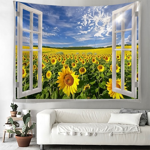 Fenster Blumen Feld hängen Wandteppich Kunst große Wandteppich Wandbild Dekor Fotografie Hintergrund Decke Vorhang Haus Schlafzimmer Wohnzimmer Dekoration Wandtuch XXL Natur Image