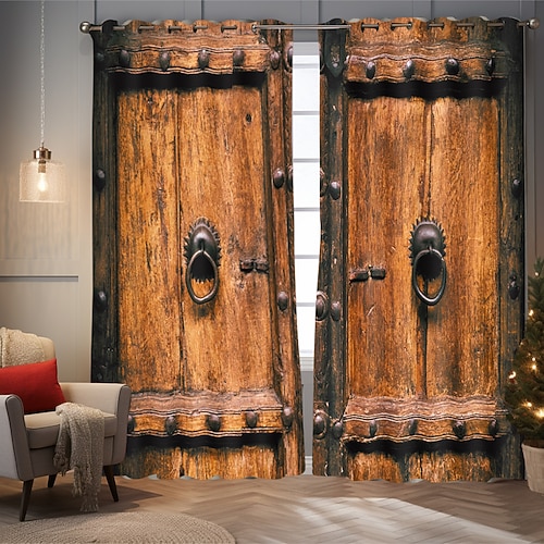Vintage Holz Verdunkelungsvorhänge Türisolierung Außenbalkon Rest Wohnzimmer Wohndekoration 2-teiliges Set mit 3D-Digitaldruck perforiert Image