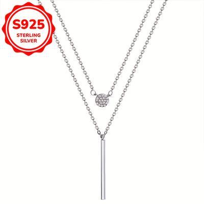TEMU Elegant 925 Sterling Silvery Necklace With Rectangular Pendant & Round Zirconia - Casual Attire, Weddings, And Gifts Image