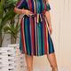 Plus Size Colorblock Stripe Print Belted Dress, Casual Notch Neck Short Sleeve Dress For Spring & Summer, Women's Plus Size Clothing