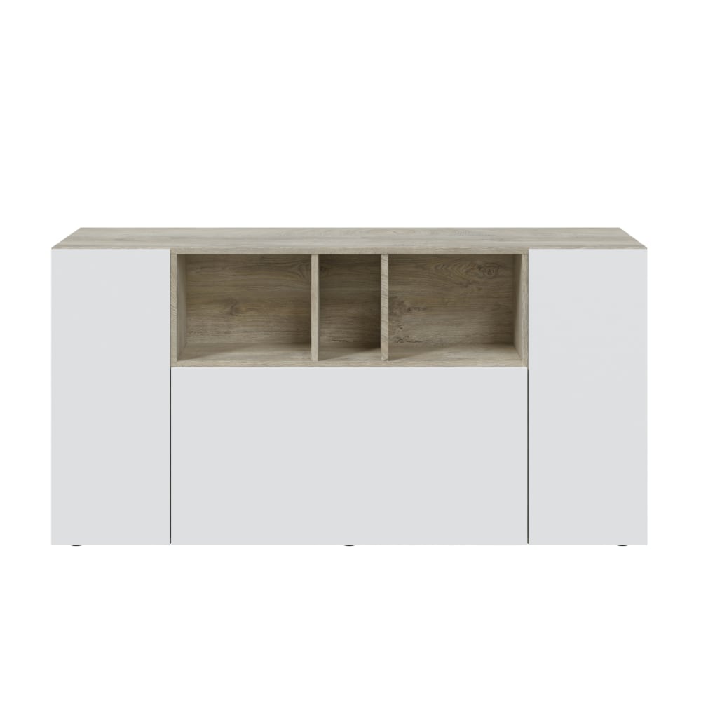 Buffet con 3 porte e 3 scomparti - L150 cm - Effetto Bianco e Rovere