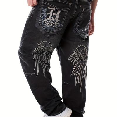 TEMU Men' Straight Leg Jeans, Loose Embroidery Hip Hop Dance Denim Pants, All