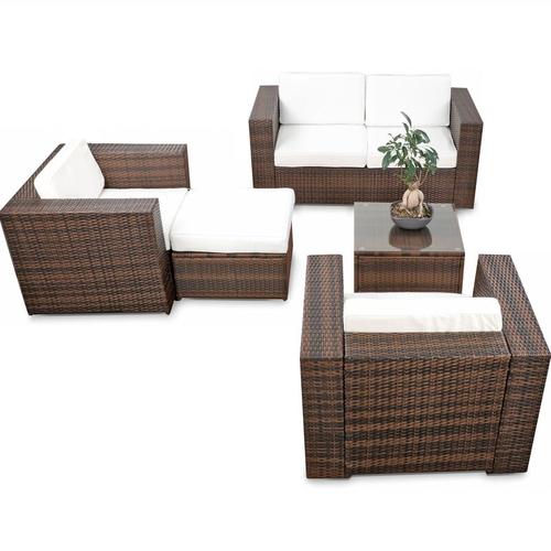 Balkon Polyrattan Lounge Set XXL  15-tlg  Polyrattan braun-mix  Kissen weiss  B2100110