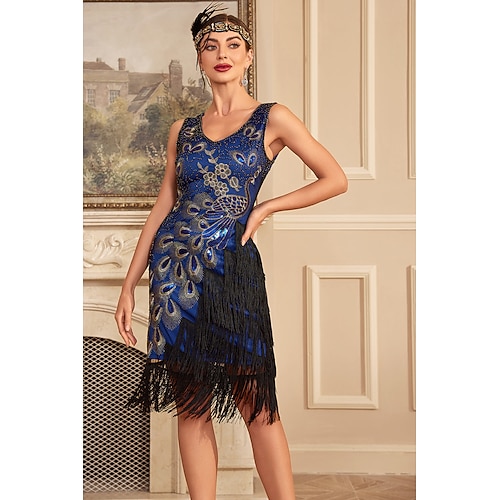 Retro Vintage Goldene Zwanziger 1920er Knielang Flapper Kleid Cocktailkleid Ärmellos Der große Gatsby Hochzeitsgast Pailletten Quastenfransen V Ausschnitt Kostüm Damen Maskerade Party / Abend Image