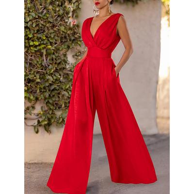 Women's Jumpsuit Pocket Solid Color V Neck Stylish Work Wide Leg Slim Sleeveless Red Summer