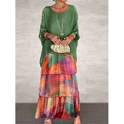 Damen Chiffonkleid Blumen Rüschendruck Rundhals Maxikleid Elegant Hochzeit Party 3/4 Ärmel Sommer Image