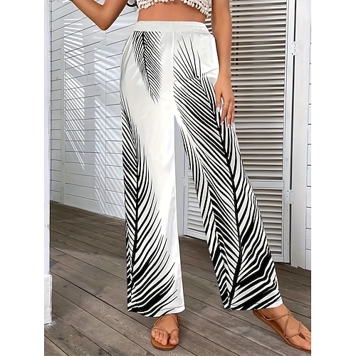 Damen Weites Bein Hosen Hose Alltagstauglich Lang Blatt Weites Bein Druck Atmungsaktivität Bequem Unelastisch Ausgehen Wochenende Schwarz Weiß Khaki Frühling Sommer Normale Passform Image