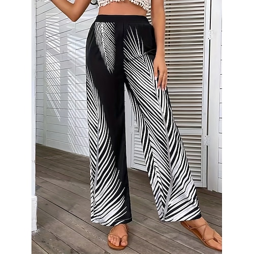 Damen Weites Bein Hosen Hose Alltagstauglich Lang Blatt Weites Bein Druck Atmungsaktivität Bequem Unelastisch Ausgehen Wochenende Schwarz Weiß Khaki Frühling Sommer Normale Passform Image