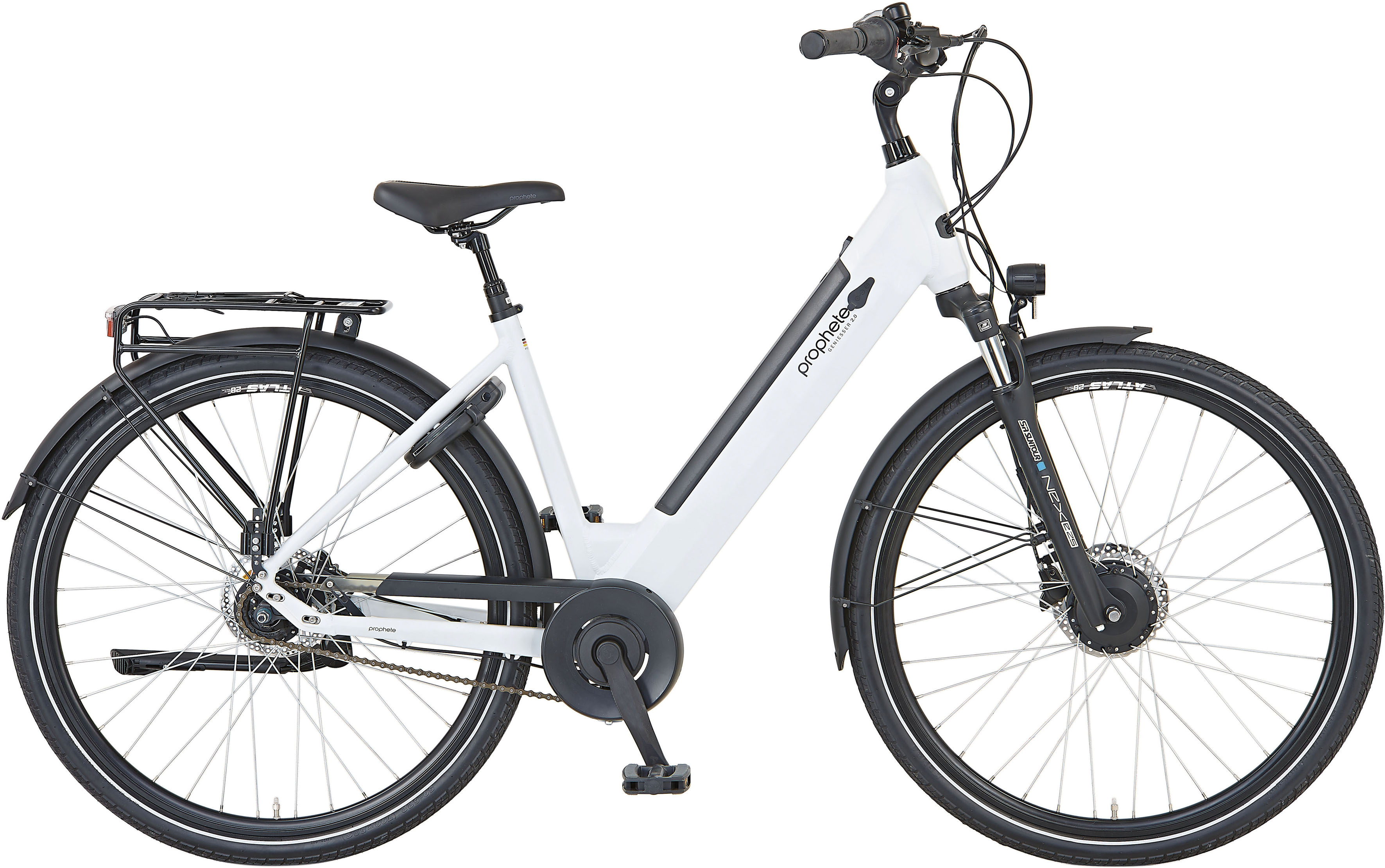 E-Bike PROPHETE "Geniesser 2.0" Gr. 48, weiß (kreideweiß, schwarz), Elektrofahrräder, 48cm, 28 Zoll (71,12cm), Pedelec, Elektrofahrrad für Damen u. Herren Image