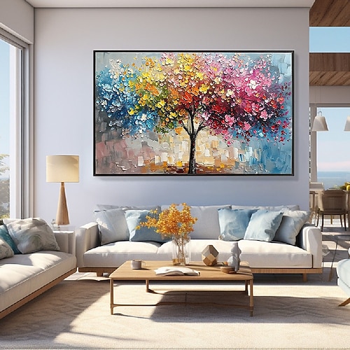 bunte Bäume Ölgemälde auf Leinwand große handgemalte Wandkunst abstrakte Wald Ölgemälde Wandkunst Landschaft Ölgemälde moderne Blumen Baum Gemälde für Wohnzimmer Wohnkultur Geschenk Image