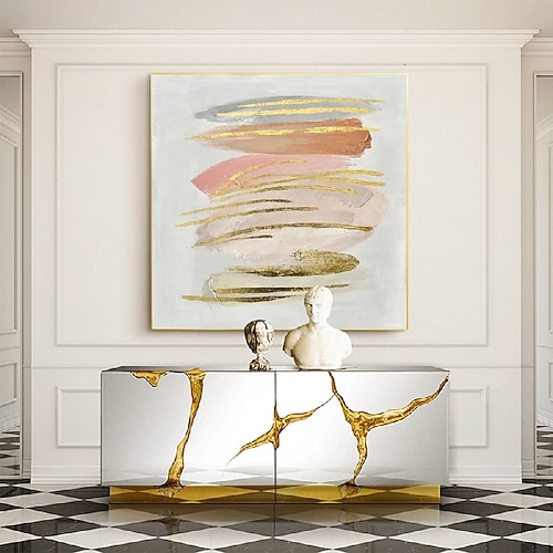 Ölgemälde mit Goldfolie auf Leinwand, handgemachtes abstraktes Blatt, minimalistisches Gemälde, großes Wandbild, individuelles Gemälde, modernes Ölgemälde für Wohnzimmer, Deko, Geschenk Image