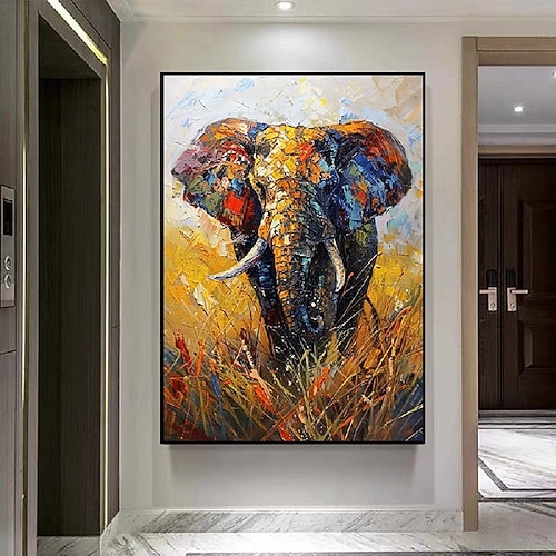 abstraktes, farbenfrohes Elefanten-Ölgemälde auf Leinwand, Paar, Acryl-Tier, Elefantengemälde, modernes, farbenfrohes Texturmesser-Tiergemälde, Kunst für Wohnzimmer, Schlafzimmer, Heimdekor, Image