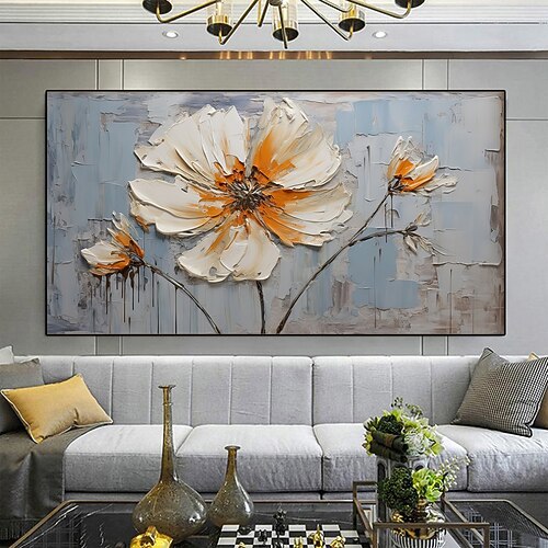 handgemaltes neutrales Blumenkunstgemälde, handgemachte Blumenkunst, Blumenbaum-Ölgemälde, handgemachtes abstraktes Blumen-Ölgemälde mit weißen Blumen, Kunstwerk für Schlafzimmer, Wohnzimmer Image