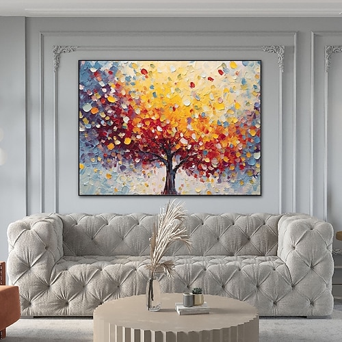 farbenfrohes Gemälde mit blühendem Baum, 100 % handgemalt, strukturiertes Blumenbaum-Gemälde, abstraktes Acryl-Baum-Ölgemälde, Wanddekorationsgemälde für Wohnzimmer, Büro, Wandkunstgemälde