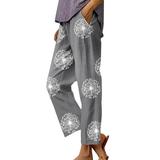 Womens Plus Size Capri Pants Patchwork Printed Linen Pants Golf High Waisted Ruched Hiking Trousers Baggy Stretchy Streetwear Oversize Sweatpants with Pockets(Grey XL)