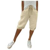 Womens Plus Size Capri Pants Solid Color Ankle Pants Football High Waisted Ruched Linen Pants Wide Leg Trousers Slim Fit Beach Streetwear Palazzo Pants with Pockets(Beige XL)