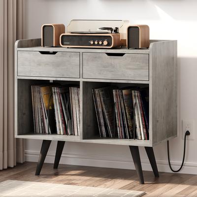 Record Player Stand With Power Outlet, Wooden Record Player Table