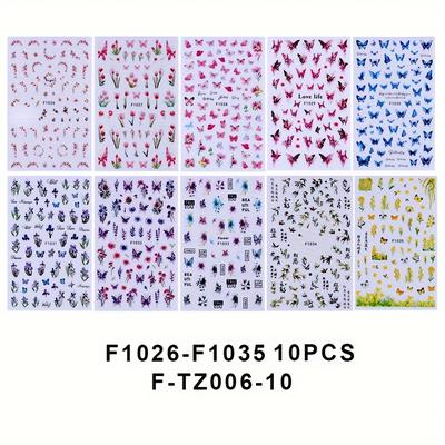 TEMU 10pcs/set Flower Nail Sticker - Patterned Flowers, Plastic Material, Self-adhesive, Glitter , Fantasy Theme, Glossy Finish, Single Use, Rectangle Shape, Unscented