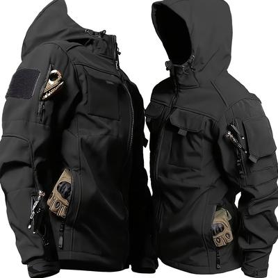 TEMU Men's Outdoor Zip Up Softshell Jacket With Pockets, Scratch Resistant And Warm Hooded Jacket For Outdoors Image